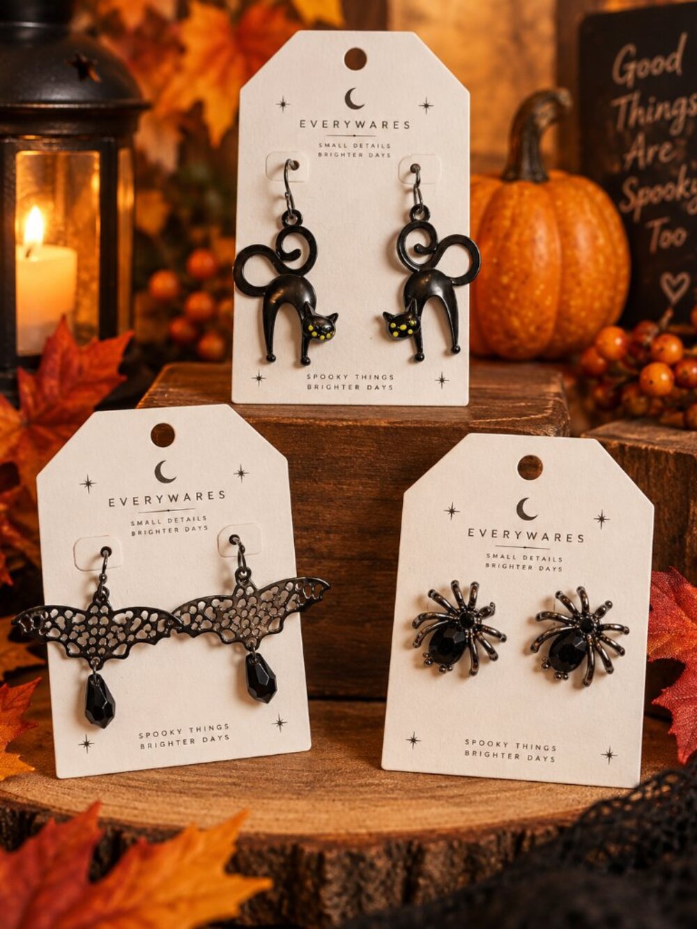 3 Pair Gothic Halloween Earrings Black Cat Bat Spider Charms